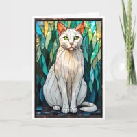 Stained Glass Style White Cat with Green Eyes Card