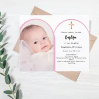 Pink photo arch girl cross Baptism invitation