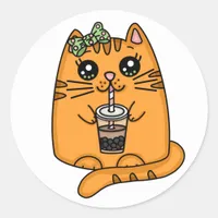 Kawaii Style Kitty Cat with Bubble Tea  Classic Round Sticker