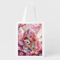 Pretty Pink Elven Fairy & Dragon Personalized Grocery Bag