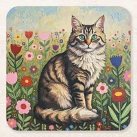 Gray Tabby Cat and Folk Art Flowers  Square Paper Coaster