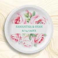 Pink Roses & Green Foliage Wedding Personalized Paper Plates