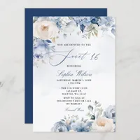 Elegant Modern Dusty Blue Floral Sweet 16 Invitation