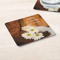 White Daisies Cowboy Boots Country Western Wedding Square Paper Coaster