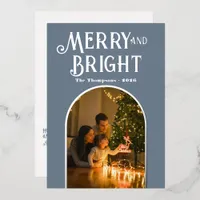 Modern Slate Gray & Silver Christmas Photo Foil Holiday Card