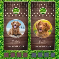 Rustic 2 Pet Photo Paw Prints String Lights Custom Cornhole Set