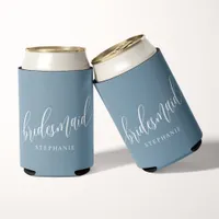 Dusty Blue Bridesmaid Modern Script  Can Cooler