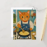 A Cute Ginger Cat Making Scrambled Eggs Postcard
