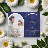 Navy blue white photo arch wedding invitation