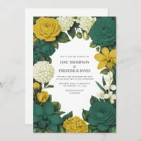 Emerald Green, Gold & Ivory Floral Wedding Invitation