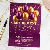 Elegant Gold and Purple Balloons Retirement Party Invitation