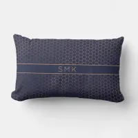 Fun Rose Gold Foil Navy Blue Hexagon Monogram Lumbar Pillow