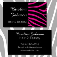 Elegant black white pink zebra hair & beauty business card