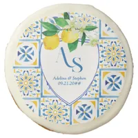 Blue Mediterranean Tiles Italy Crest Lemon Wedding Sugar Cookie