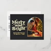 Black and Gold Merry and Bright Retro Christmas Foil Holiday Postcard