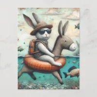 Rabbit in a Donkey Float Digital Art Postcard