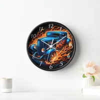 Classic hot rod blazing through flames at night clock