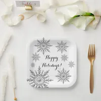 Faux Silver Winter Snowflake Happy Holidays Paper Plates