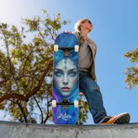 Mystery Woman Emerging from Blue & Purple Flames Skateboard