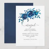 Navy and White Watercolor Floral Birthday Invitation