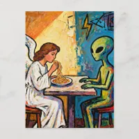 Angel Eating Spaghetti with an alien Postcard