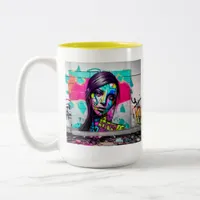 Beautiful Graffiti Art Woman on  Two-Tone Coffee Mug