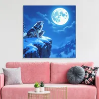 Mama Wolf and her Cub Howling at Moon Canvas Print