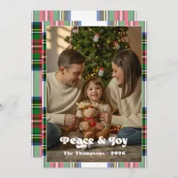 Peace & Joy Bright Tartan Plaid Family Christmas Holiday Card