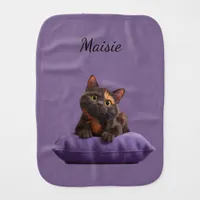 Cartoon Tortoiseshell Kitten on Purple Cushion Baby Burp Cloth
