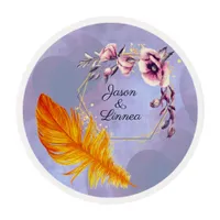 Quirky Flame Orange Feather with Pastel Flowers   Edible Frosting Rounds