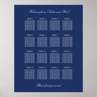 Navy Blue 16 Table Wedding Seating Chart Poster