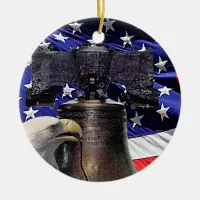 American Bald Eagle, Bell and Flag Ceramic Ornament