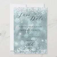 Glitter Blue Sparkly Photo Wedding  Save The Date