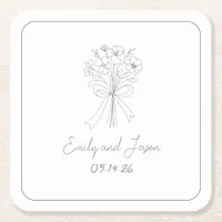 Hand Drawn Style Simple Thin Line Flowers and Bow  Square Paper Coaster