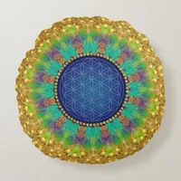 Flower of Life Vibrant Colors Gold Navy Blue Round Pillow