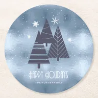 Christmas Trees and Snowflakes Blue ID863  Round Paper Coaster