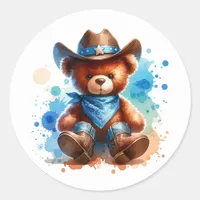 Cute Rustic Cowboy Teddy Bear Boy's Baby Shower Classic Round Sticker