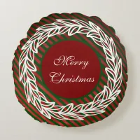 Stylized White Wreath on Red and Green Stripes Round Pillow