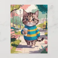 Adorable Cat Walking in the Park With Coffee Postcard