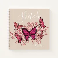 Purple Butterflies With Name Sketchbook Notebook