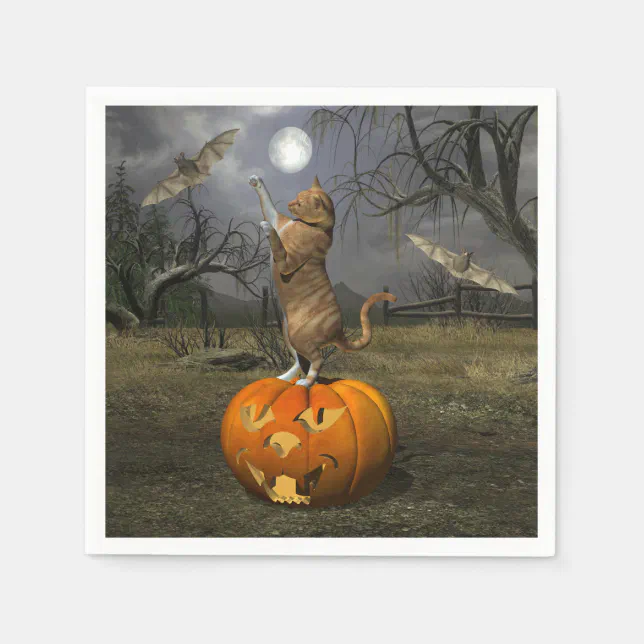 Cute Halloween Orange Cat Batting Bats Paper Napkins