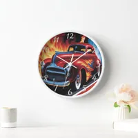 Vintage hot rod racing through fiery landscape clock