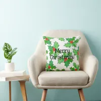 Holly Leaves, Berries, Red, Green Floral Christmas Throw Pillow