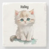 Watercolor Adorable Kitten with Blue Eyes  Stone Coaster