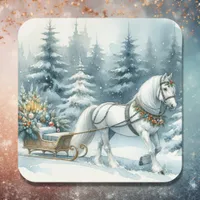 Pretty Winter Scene with White Horse in Snow Square Sticker