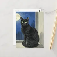 Black Cat in the Window on a Rainy Night Postcard