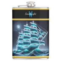 Pirate Ship Gliding Through Glowing Night Waves Flask