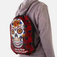 Sugar Skull Cinco de Mayo Red Floral Name Drawstring Bag