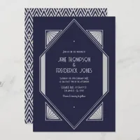 Ink Blue & Platinum Silver Art Deco Wedding Photo Invitation