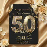 Glamorous Sparkly Black and Gold 50th Birthday Invitation